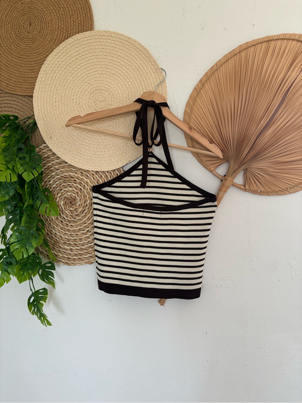 Striped Halter Knit Crop Top - Black & Cream - Picture 2 of 2